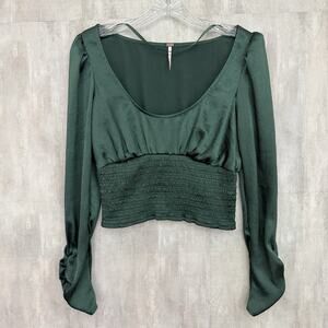 Free People Top Small Cropped Santiago Smocked Boho Chic Button Up Sleeves Green